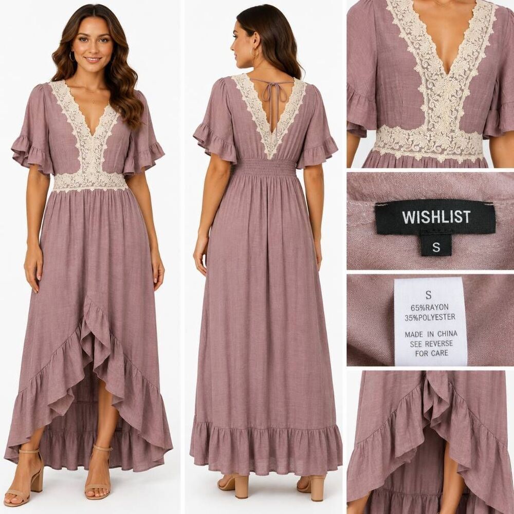 Wishlist Mauve Lace Hi Low Maxi Dress Small Boho